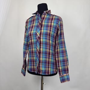 Blue Red Plaid Shirt Small 70&#39;s Blouse Purple Green Yellow White Long Sleeve Wing Collar Epaulets Lady Maverick