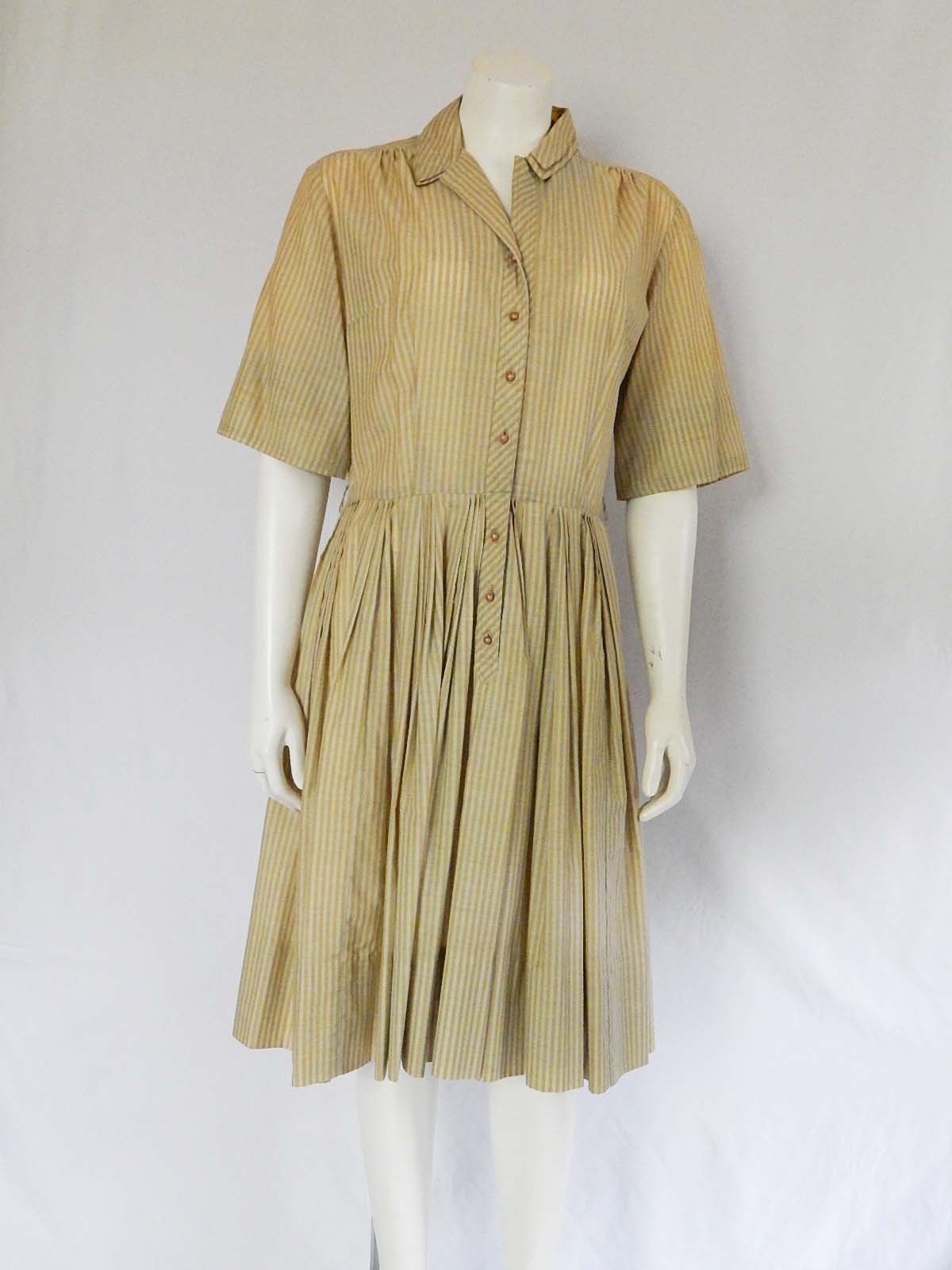 Gold Stripe Fifties Dress Small Light Gray Full Skirt Dress | Etsy