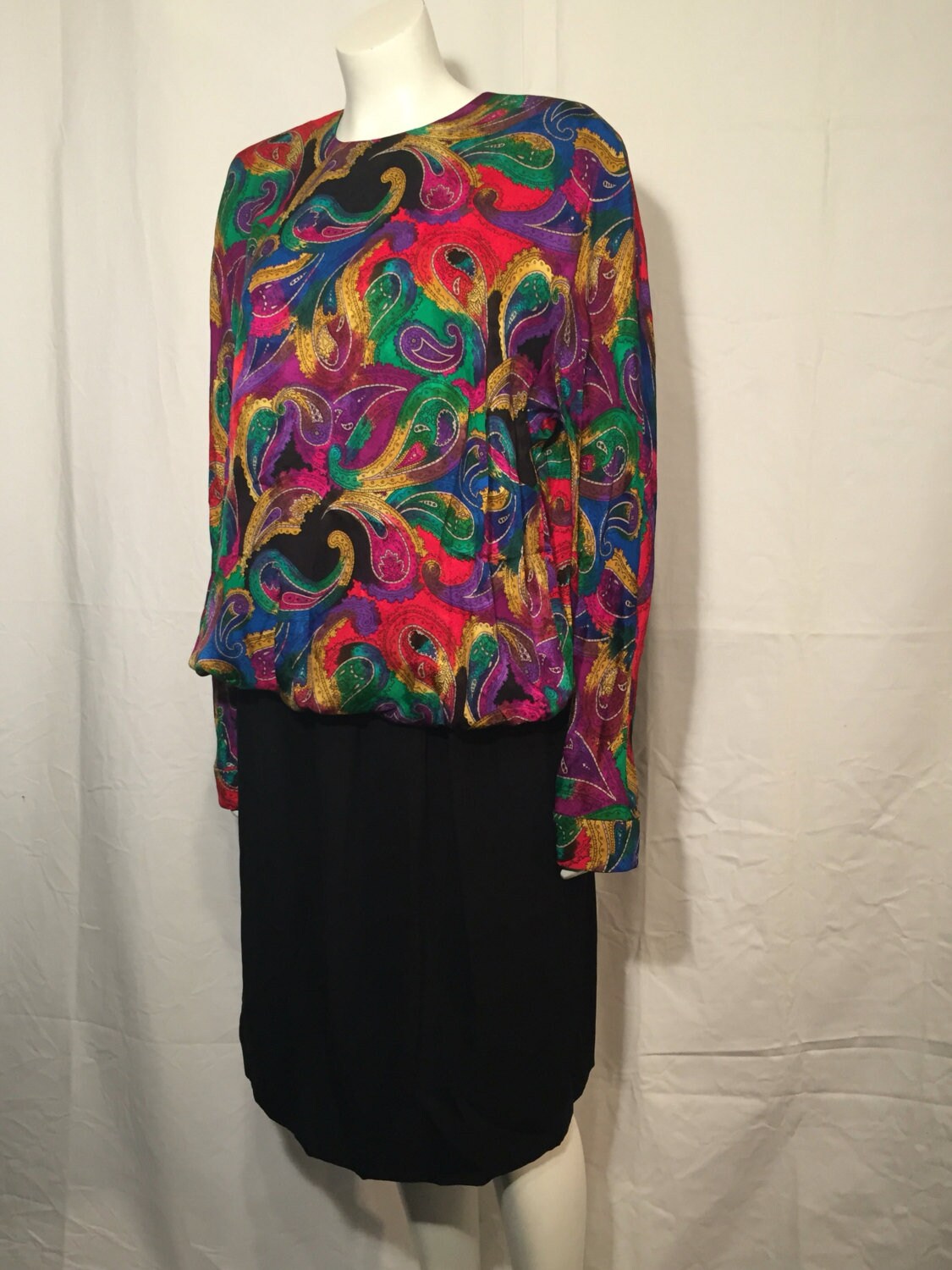 Akris, Red Blouson Dress Large Akris 80's Paisley Green Yellow Blue Purple Black Colorful Silk High End Designer