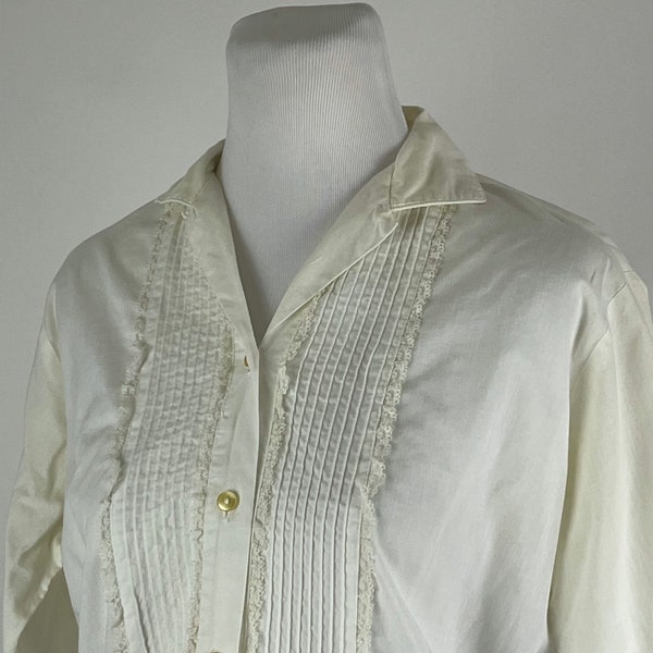 White 50’s Collared Blouse Large 3/4 Sleeve Shirt Pin Tuck Button Front Minimalist Notched Collar Aileen Pennington