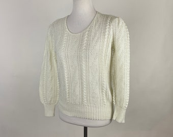 White 70's Sweater Medium 70's does 40's Leg of Mutton Sleeves Knit Pullover Jewel Neckline Long Sleeve Pin Up