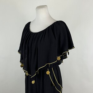 Black Boho Coin Jumpsuit Small 70&#39;s Seventies Jumpsuit Jump Suit Small Hippie Ruffle Pockets Gold Coin Stretchy Waist Tiffani Kim Cher