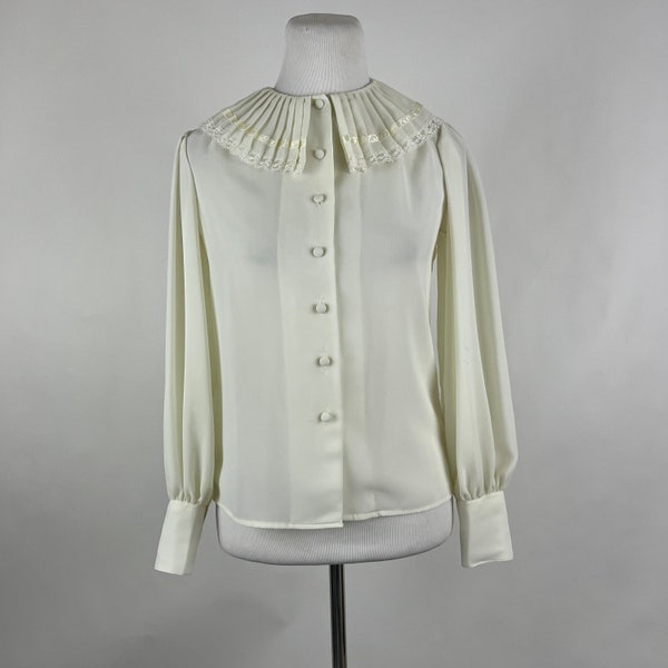 Off White 90’s Collared Blouse Small Cream Long Sleeve Shirt Button Front Lace Pleated Collar Career Blouse Chaus Lady Diana