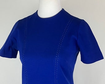 Blue 70's Dress Small Knit 2 Piece Dress Small Short Sleeve Wool Fine Knit Top Stitching Sweater Career Pleated Skirt James Kenrob by Dalton