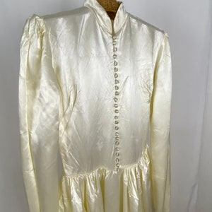 Off White Duchess Satin Wedding Dress XS Fifties Train High Neck Long Sleeve Button Front Bridal Acetate Modest AS IS