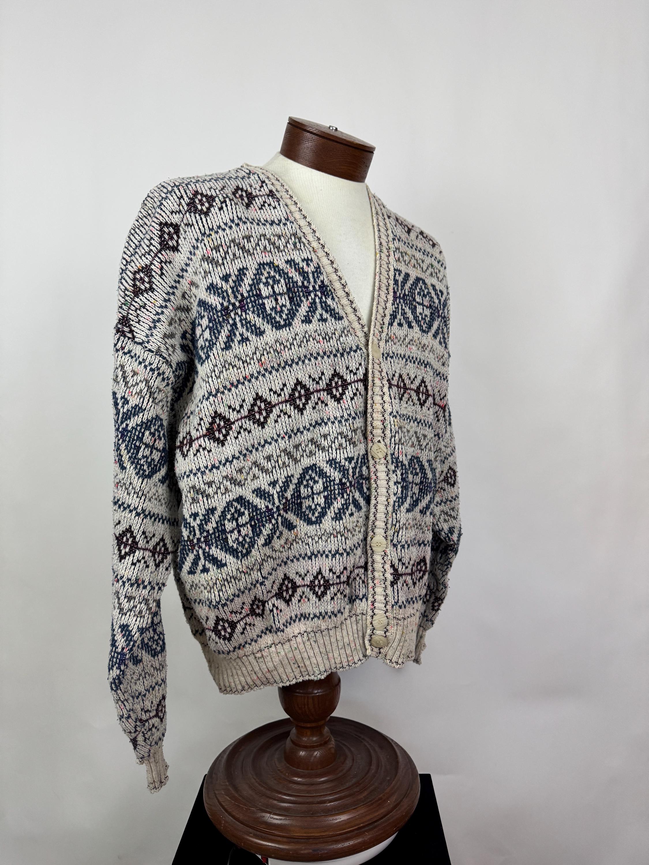 Geometric 80's Cardigan Sweater XL Cream Blue Brown X O