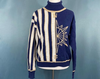 Blue Stripe Sweater Small Stripes Compass Gold White Navy Blue Women's 80's Eighties Long Sleeve Turtleneck Knight's Ltd