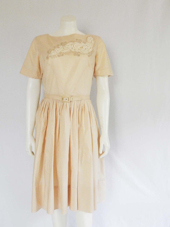 Cream Lace Fifties Dress Small Off White Short Sl… - image 2