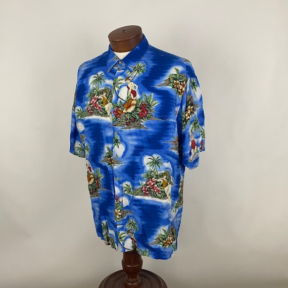 Blue Hawaiian Shirt XL Pinup Clouds Floral Print … - image 1