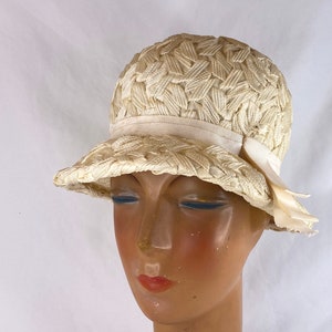 Cream Small Cellophane Cloche Small Women&#39;s Hat Bowler Seventies Ribbon Accent Off White 21 Inch Band Minimal Woven