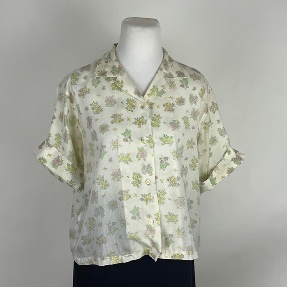 Pale Yellow 60's Butterfly Print Blouse Large Pin… - image 3