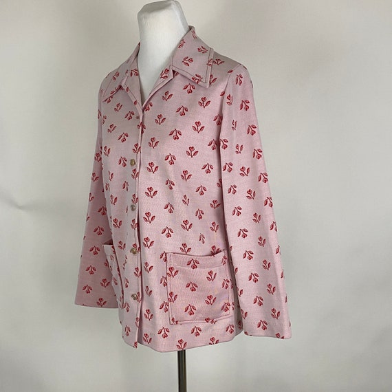 Pink 70's Polyester Blouse Small Red Roses Large … - image 4