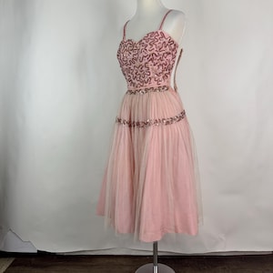 Pink 50&#39;s Prom Dress XS Rockabilly Extra Small Formal Sequin Pearl Rhinestone Dance Ballet Costume Tutu Tulle Spaghetti Strap Below Knee