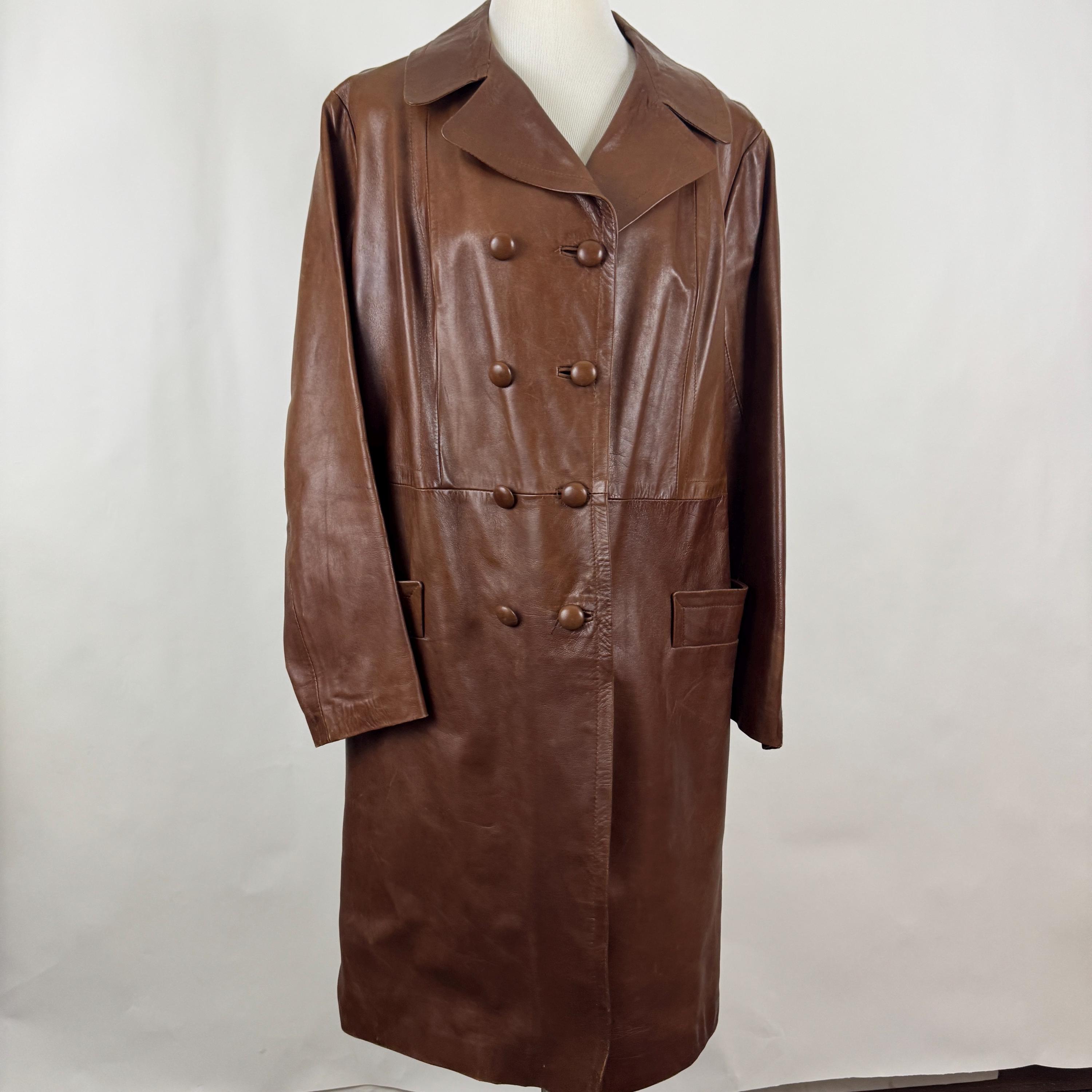 70s Brown Leather Trench Coat, Double Breasted Spanish Leather