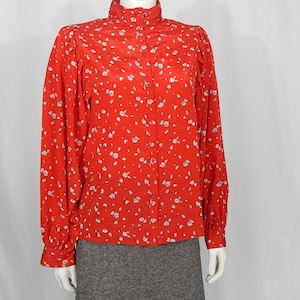 Red Blouse Large 80's White Black High Neck Floral Flowers Executive Long Lantern Sleeve Shirt Washable Silk
