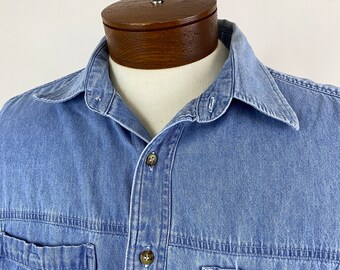 Marlboro Western Denim Shirt Buttons Large L Worn in Distressed