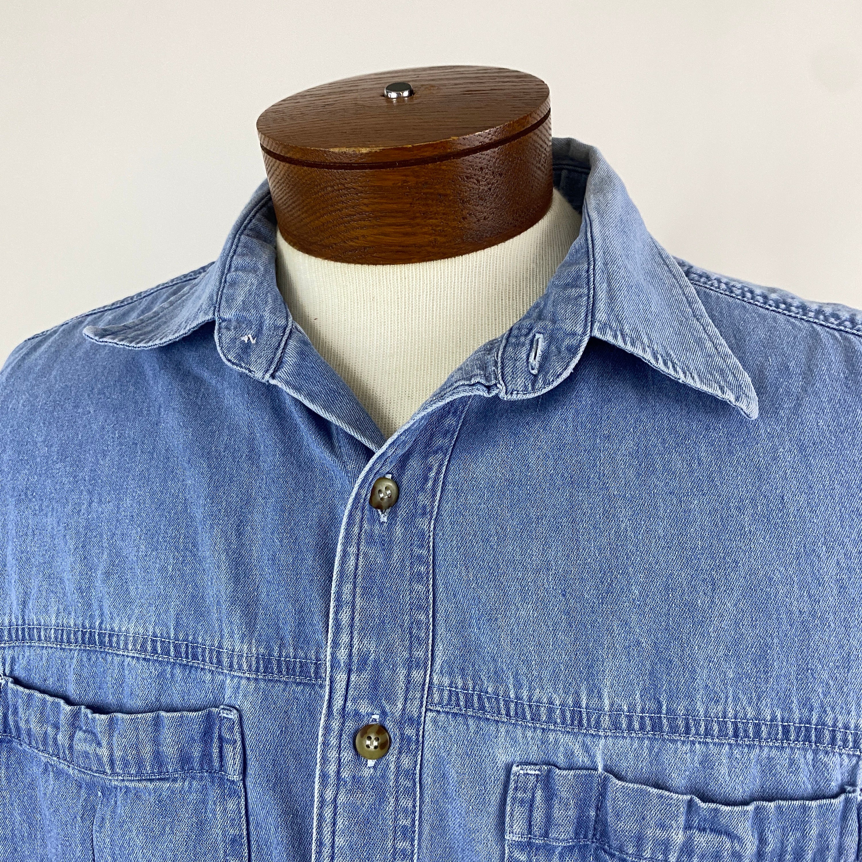 Marlboro Western Denim Shirt Buttons Large L Worn in Distressed