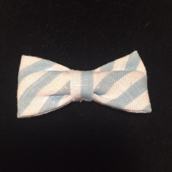 Blue White Stripe Bow Tie Boys Linen Clip On 60's… - image 1