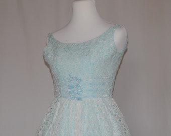 Baby Blue Eyelet Sixties Dress XS Sleeveless Formal Extra Small Floor Length White Blue Velvet Bows 60's Fully Lined