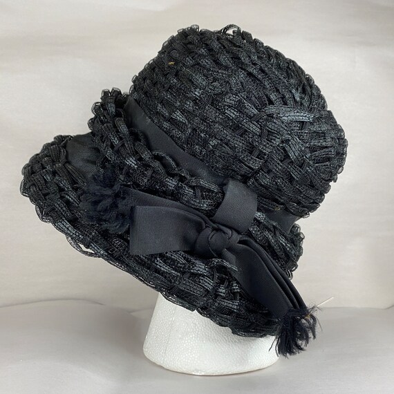 Black 60's Cloche Small Cellophane Bucket Hat Bow… - image 1