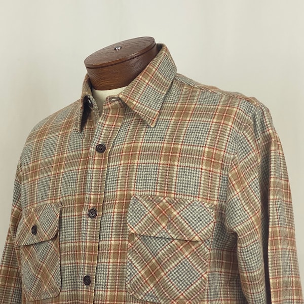 Orange Plaid Flannel Shirt Large Men's Jacket Eighties 80's Gray Tan Cream Enro Outdoorswear