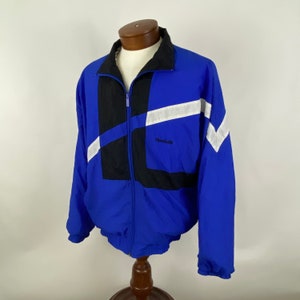 Blue Nylon Windbreaker Reebok Large White Black Jacket Graphic  Zip Front Unisex 80's Made in Taiwan