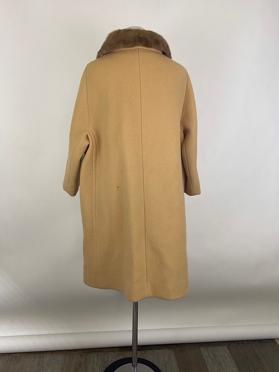 Tan Wool Coat XL Mink Collar 60's Women's Carved … - image 4