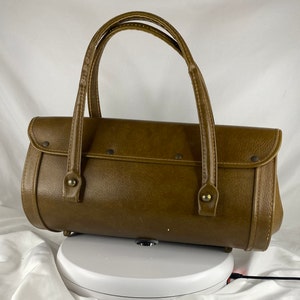 Brown Barrel Bag 60's Purse Top Handle Vegan Leather Handbag Pocketbook Minimalist