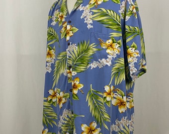 Blue Hawaiian Shirt 3XL Tiki Two Palms Made in Hawaii Nineties Green Palm and Hibiscus Print Men's Short Sleeve Pocket on Front