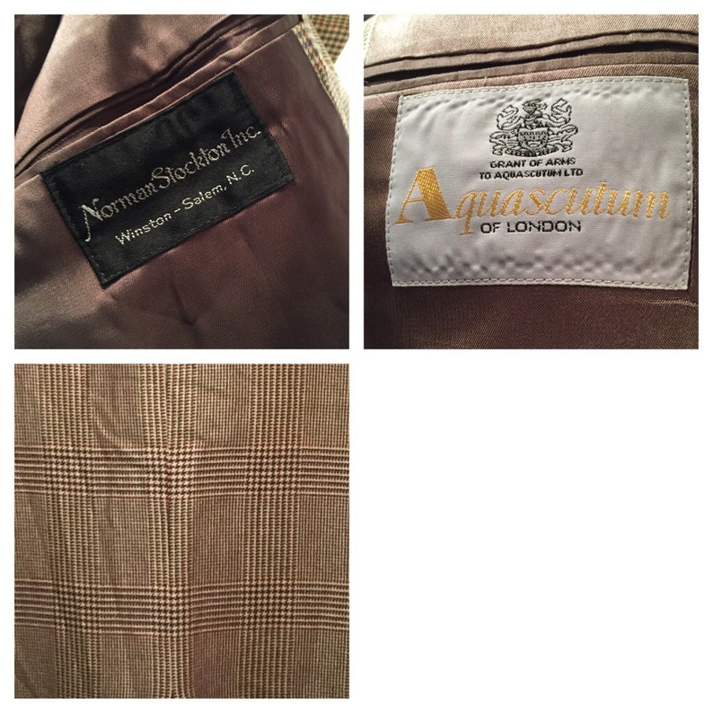 Vintage Aquascutum Glen Plaid Sport Coat Blazer 46 L Long Large Tan Grey Rust Orange Norman Stockton Made in USA