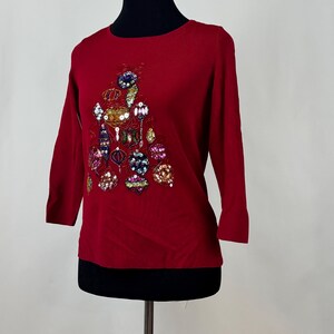 UGLY CHRISTMAS SWEATER Shirt Medium Knit T-Shirt Shirt O Christmas Tree! Red Knit Beads Ornaments Sequins 3/4 Sleeves Knit