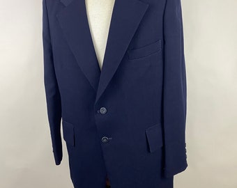 Navy Blue Suit 42R Large Sport Coat 70's 40 Waist 33 Inseam Trousers Pants Two Piece Botany 500 Polyester Suit