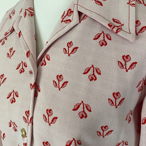 Pink 70's Polyester Blouse Small Red Roses Large … - image 6