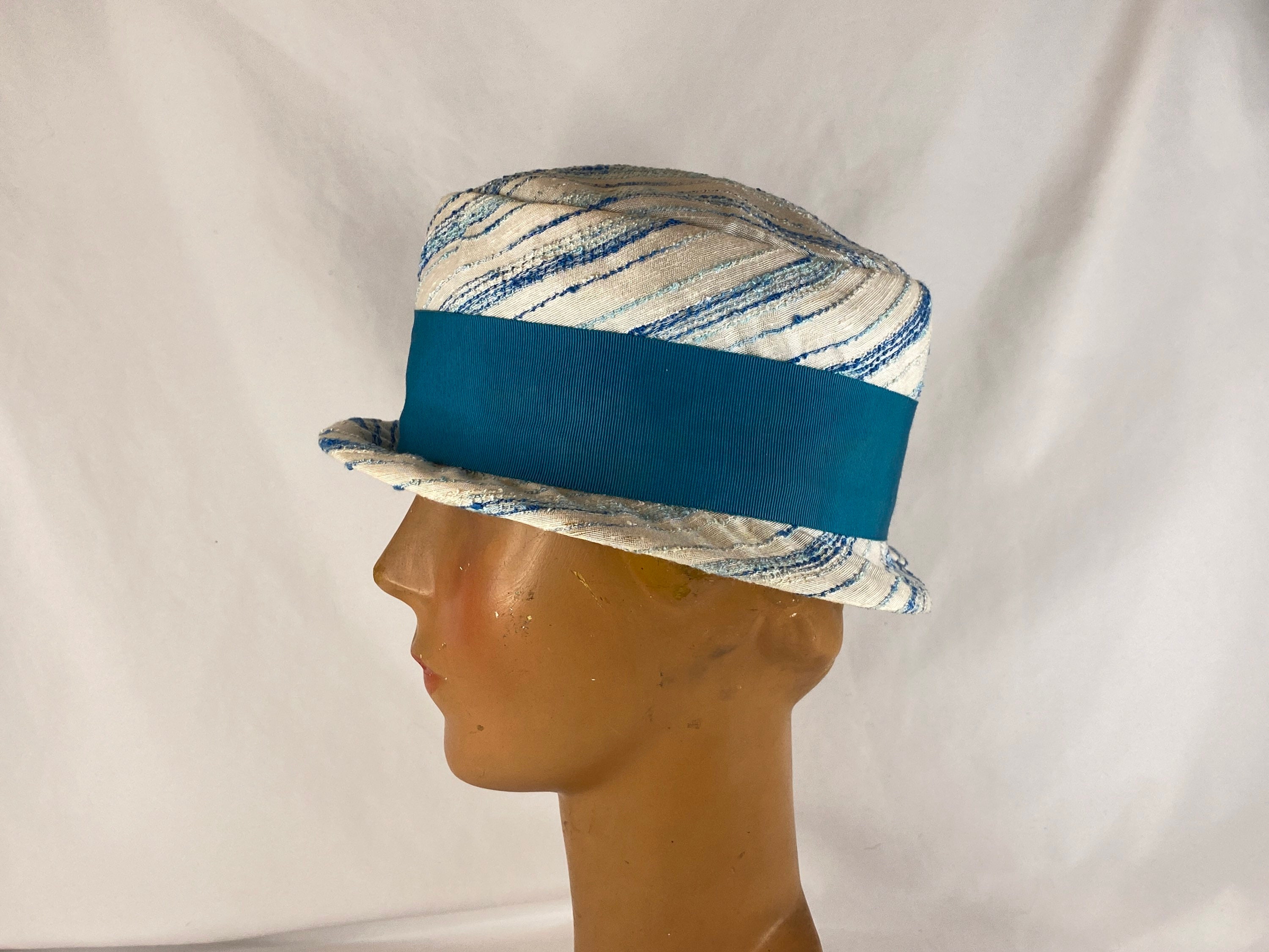 Vintage 60s Stripe Basket Hat - White, Blue, Teal, Boho - Etsy display picture 3