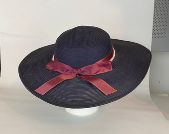 Blue Straw Platter Hat Small Cartwheel Hat Navy Blue Red Satin Pearl Trim 50's Fifties Summer Wedding Garden Party