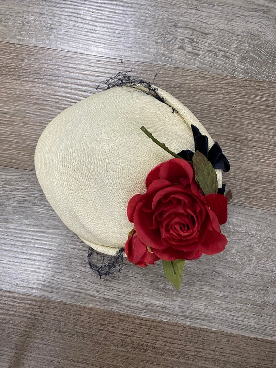 Cream Calot Hat Small Flower AS IS Black Netting … - image 6