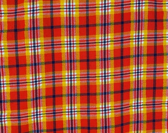70s Plaid Fabric: Red, Blue, Yellow Seersucker Stripe (1-1/3 Yards)