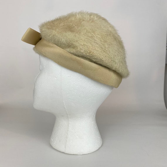 Off White Fur Calot Pillbox Hat 50's Fifties Beig… - image 3