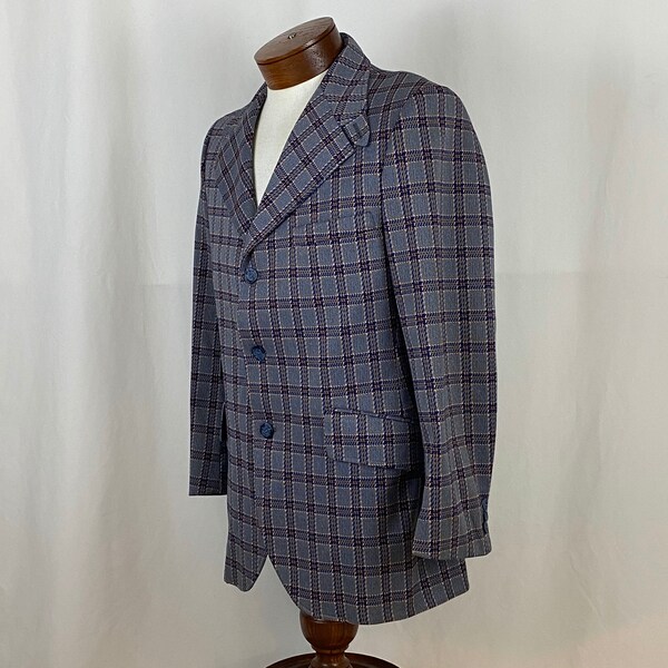 Blue Orange White Plaid Sport Coat Medium 40R M Polyester Jacket Mod Navy Peach Leisure Suit 3 Button Seventies 70’s