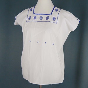 Blue White Peasant Blouse Large Embroidered OSFM Shirt Hippie Boho Short Sleeve Flour Sack Ethnic South American Square Neck Hand Sewn