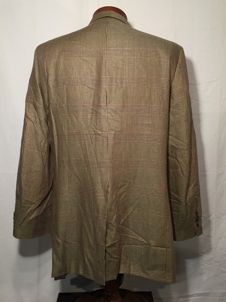 Vintage Aquascutum Glen Plaid Sport Coat Blazer 46 L Long Large Tan Grey Rust Orange Norman Stockton Made in USA