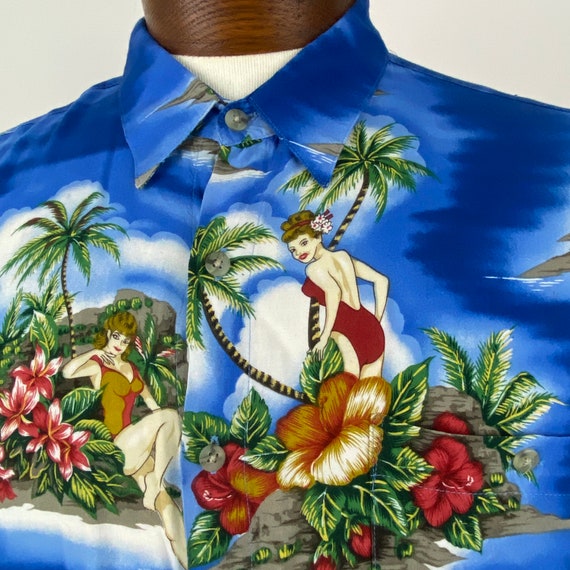 Blue Hawaiian Shirt XL Pinup Clouds Floral Print … - image 7