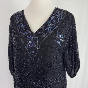 Black Beaded Dress Medium 2 Piece Formal Silver Bead Sequin V Neck Short Sleeve 90&#39;s Show Stopper New Years Nite Waves Damir Suri