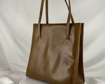 Brown Square 60's Purse Top Handle Leather Handbag Pocketbook Sections Minimalist