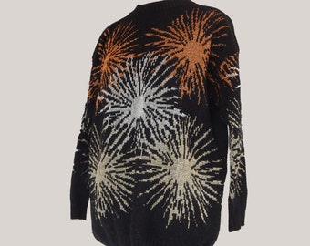Black Fireworks Sweater XL Silver Eighties Extra Large 1X Gold Copper Slouchy Long Sleeve Dana Scott Raglan Sleeve 80&#39;s