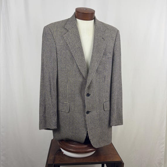 Tan Navy Houndstooth Blazer 44R L Large Beige Blue Plaid Sport Coat Jacket  90's Button Joseph Feiss Dillard's Preppy