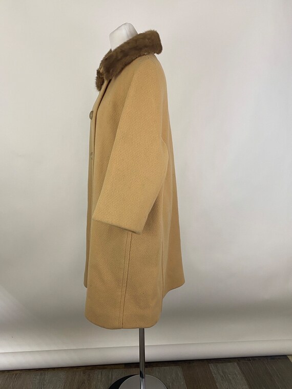 Tan Wool Coat XL Mink Collar 60's Women's Carved … - image 3