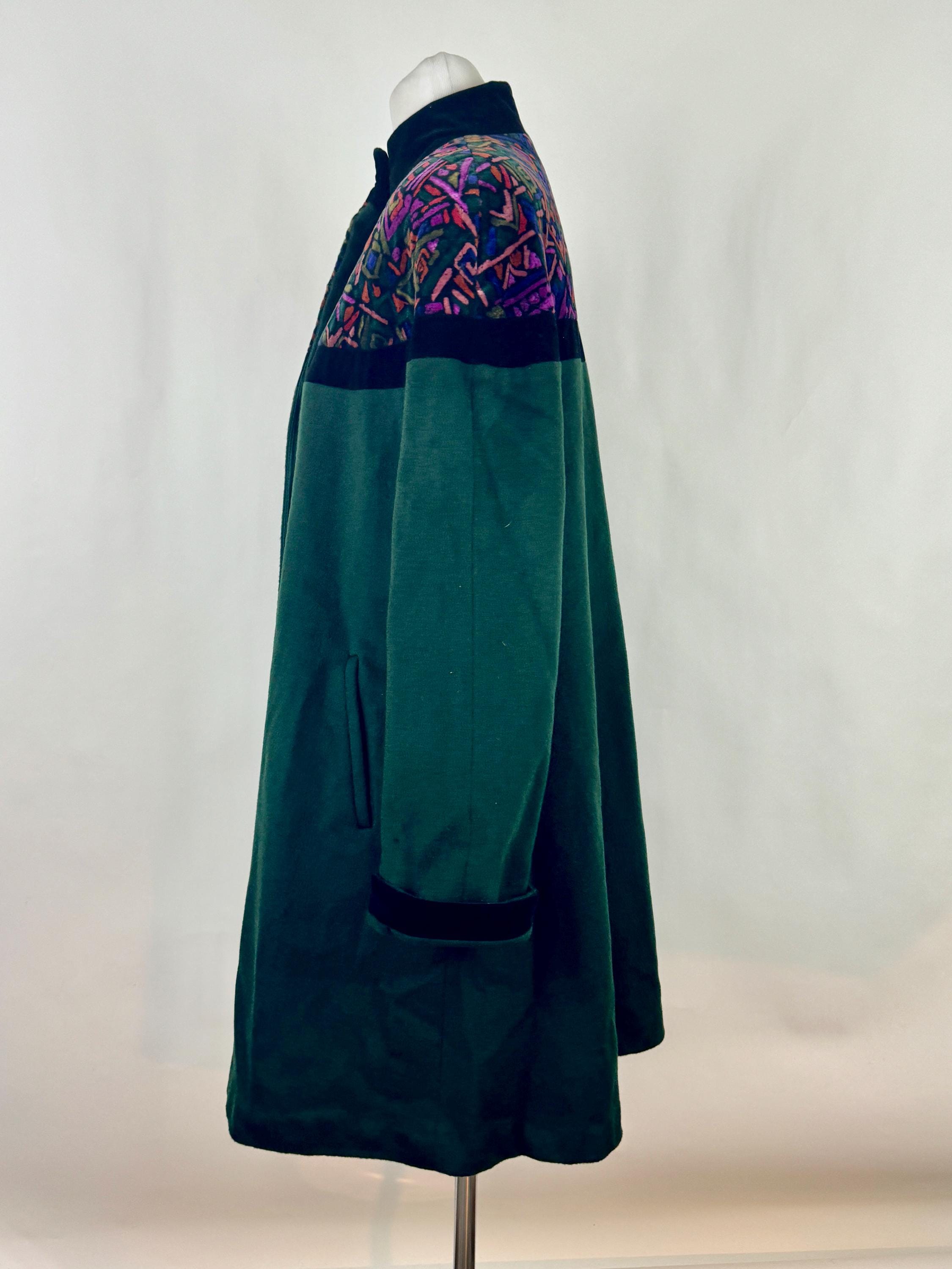 Green Coat Medium 80's Black Velvet Trim High Neck Pink
