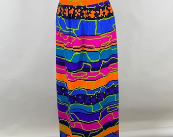 Orange Pink Boho Skirt XS Extra Small Hippie Tiki Psychedelic Barkcloth Blue Green Purple Multi-Color Tiered Miami Originals 60's Geometric