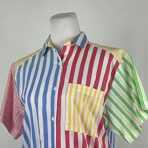 Multi Color Stripe Shirt Small 80&#39;s Short Sleeve White Blue Red Yellow Green Striped Blouse Wing Collar Deadstock Main Sport Punk Boho